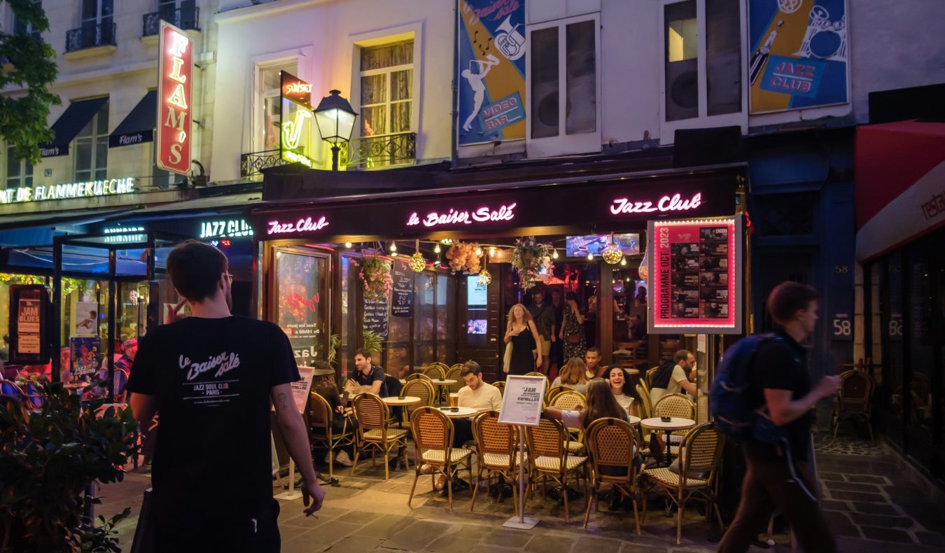 The outside of a jazz club in Paris, France