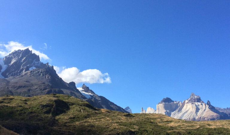 A bright and sunny blue sky over the epic mountains of Patagonia, Argentina