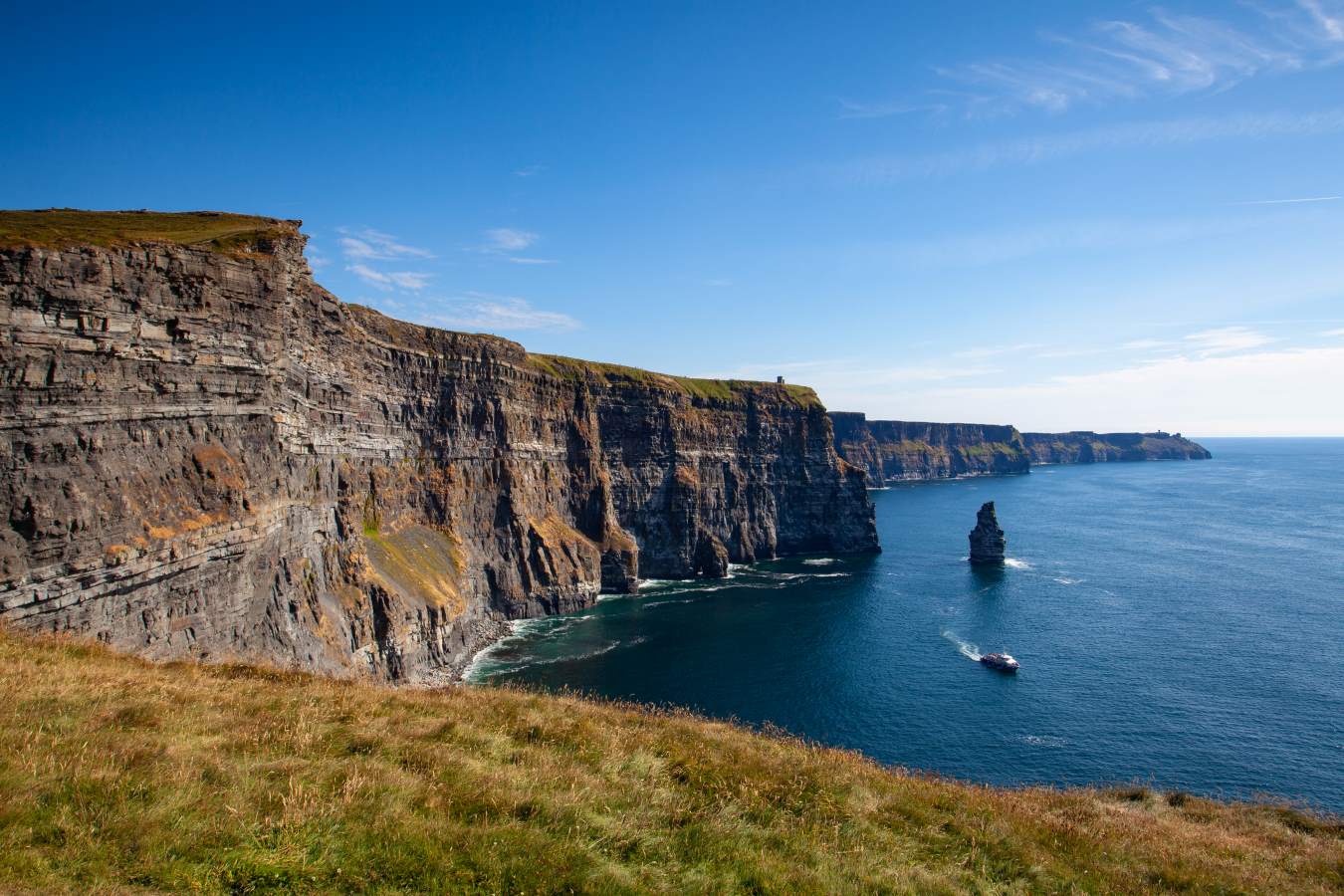 The famous sheer cliffs of Moher on a sunny day in Ireland
