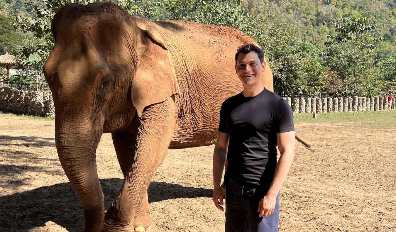 Nomadic Matt posing with elephants walking in the grass at Elephant Nature Park, Thailand