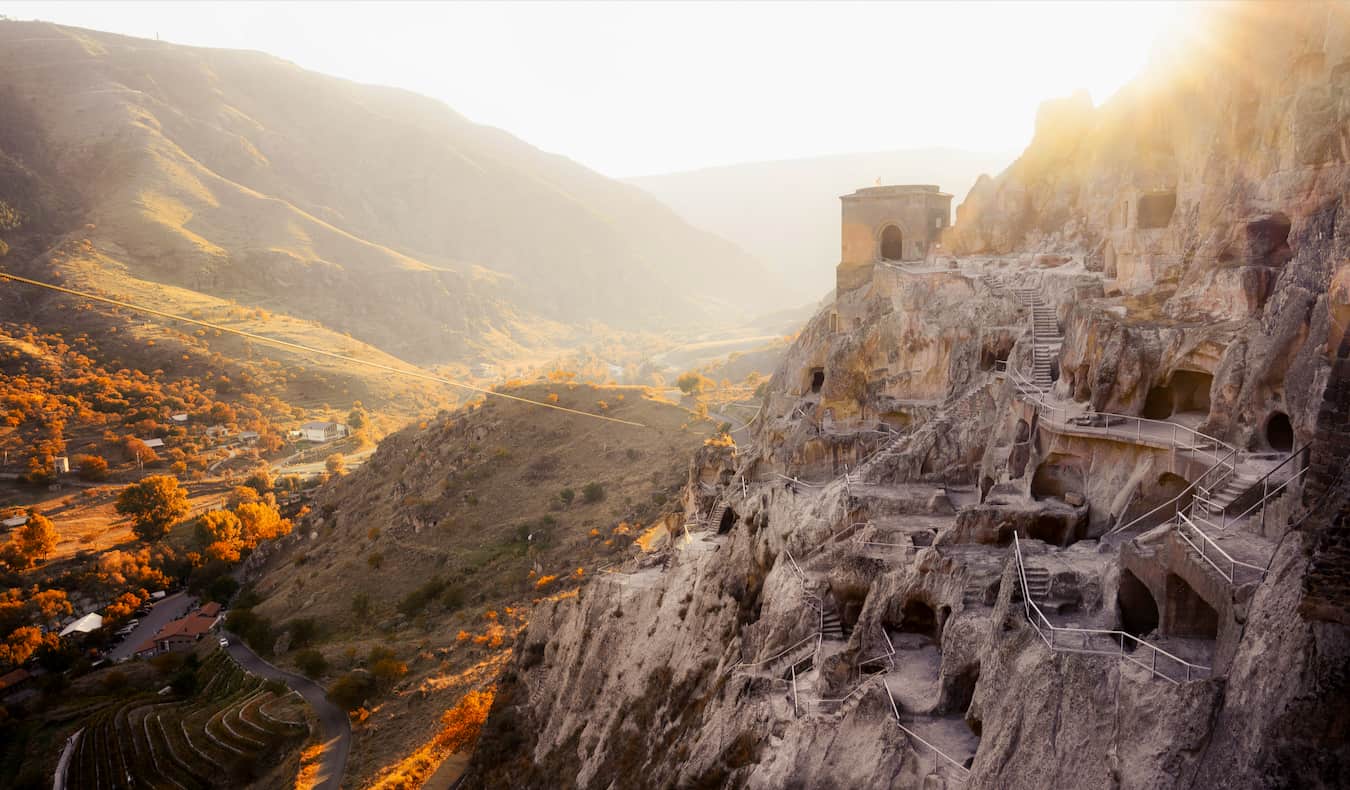 The historic cave monastery on the cliffside of a mountain in Georgia