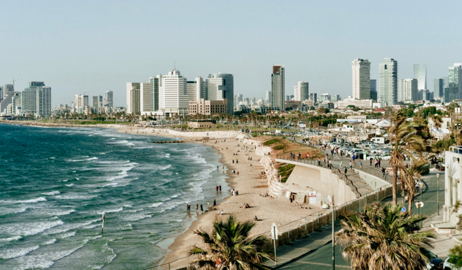 An aerial view of Tel Aviv and its coastline in Israel