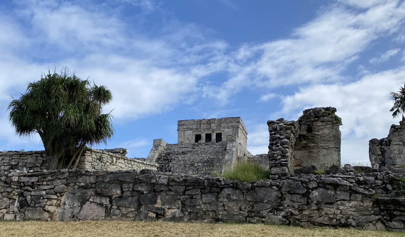landscape of Tulum ruins in beautiful Mexico on a sunny day