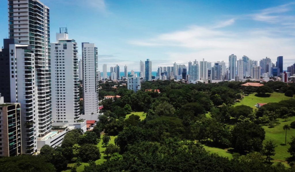 The skyline of Panama City, Panama on a sunny day