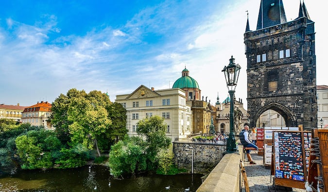 a sunny scene on the Charles Bridge in Prague