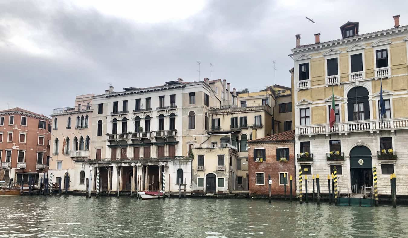 A gray day in historic Venice, Italy along the water