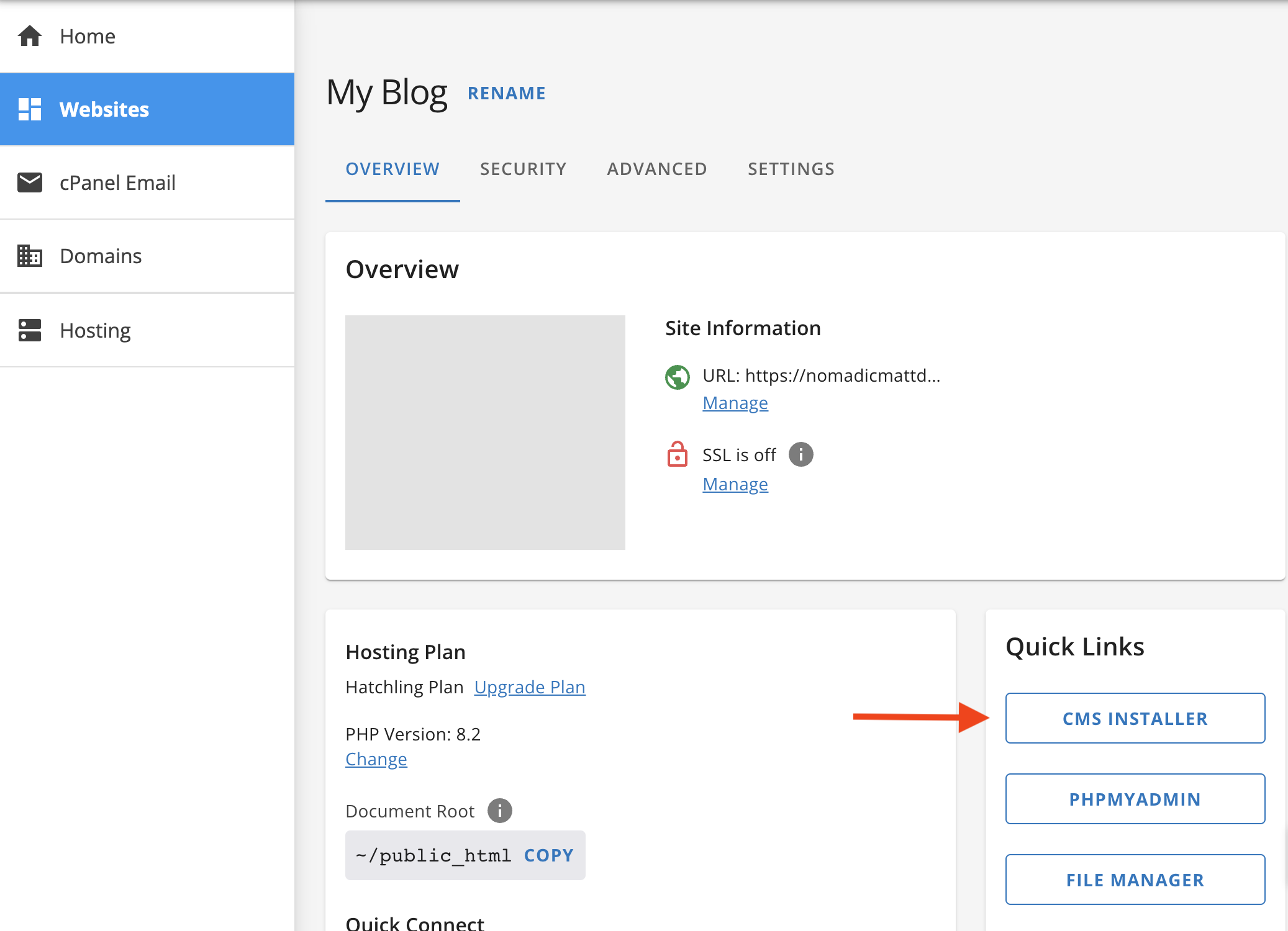 A screenshot of installing WordPress on a new website