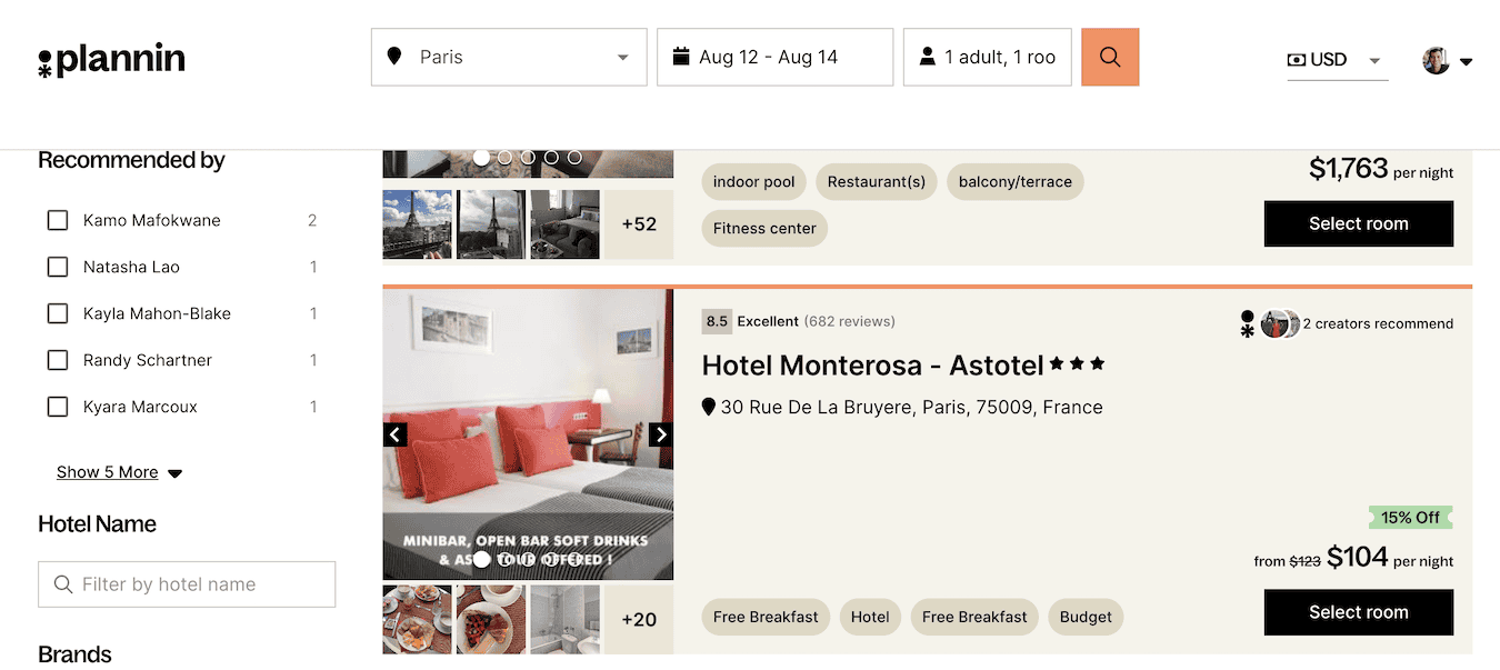A screenshot from the Plannin hotel website's homepage
